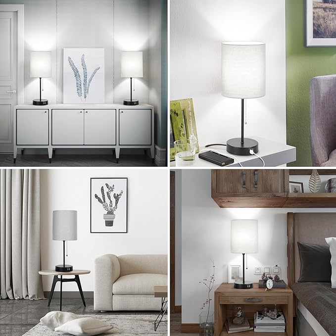 17.3’’ Table Lamps Set of 2 with 2 USB & AC Outlet, Bedside Nightstand Lamps for Bedroom Living Room Kid’s Room, Desk Lamp with Pull Chain Switch & Fabric Shade for Office Reading Nursery, Grey