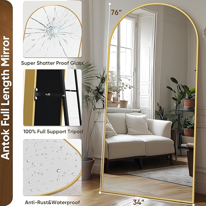 Antok Full Length Mirror, 71"x32" Arched Floor Mirror, Mirror Full Length with Stand, Wall Mounted Mirrors for Living Room Bedroom,Gold