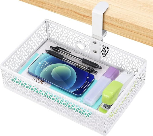 ROSYLIN Heavy Duty Clamp On Under Desk Drawer Organizer Storage Tray Basket with Non-Slip Pad Hanging Mount for Home Office Studio Bedroom or Dorm (white)