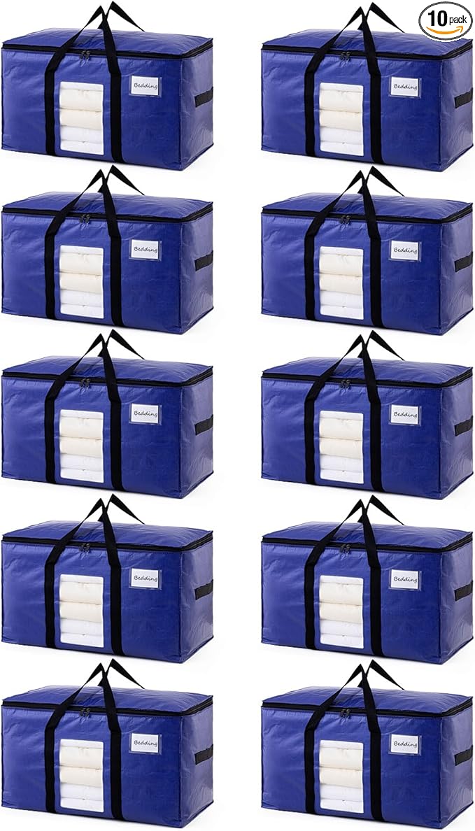 TAILI 10 Pack Dark Blue Extra Large Moving Bags, Heavy Duty Totes with Visible Window, Wrap Around Handles, Great for Space-Saving