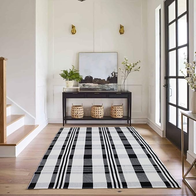 Fall Décor Plaid Rug, 4' x 6' Black&White Check Indoor/Outdoor Area Rug, Layering Rug for Hello/Welcome Door Mat, Machine Washable Cotton Woven Rugs for Farmhouse Front Porch, Entryway