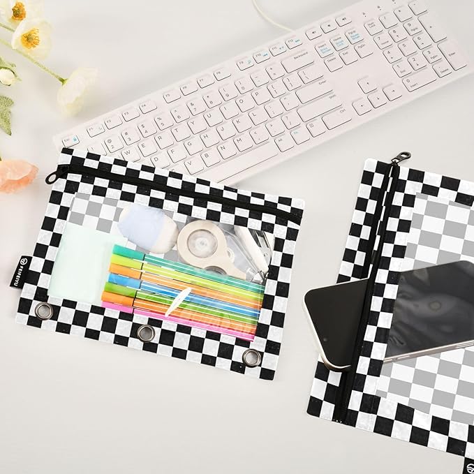 Black White Checkered Pattern Pencil Pouch for 3 Ring Binder, 2 Pack Waterproof Pencil Bags Clear Window Pencil Case Zipper School Office Supplies