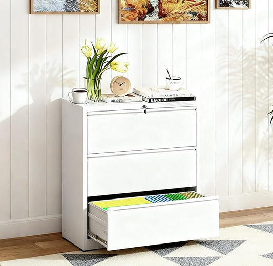 3-Drawer Lateral File Cabinet with Lock, Black Metal Filing Cabinet for Office or Home – Secure Storage for Letter/Legal/A4/F4 Documents, Easy to Assemble Locking File Organizer (White, 3 Drawer-40"H)