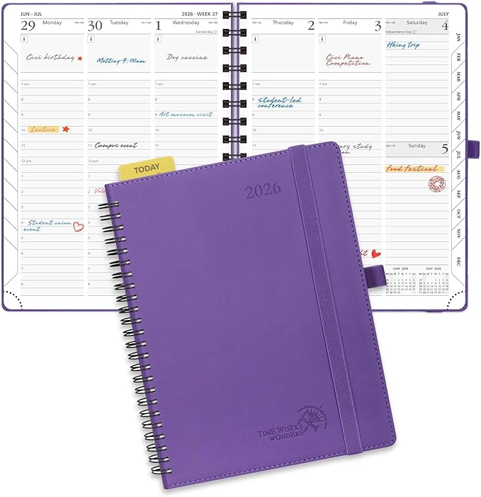 POPRUN 2026 Planner (Medium - 6.5'' x 8.5'') with Hourly Schedule, Vertical Layout - 2026 Weekly Calendar (Jan. 2026 - Dec.2026) for Time Management, Monthly Tabs, Spiral Bound, Soft Cover - Purple