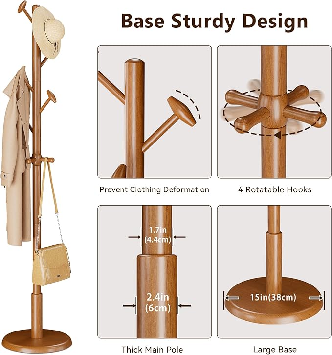 Solid Wood Coat Rack Freestanding Coat Tree with 10 Hooks for Bedroom, Livingroom, Entryway, Sturdy Coat Hanger Stand for Hats, Coats, Scarves, Handbags, Purses