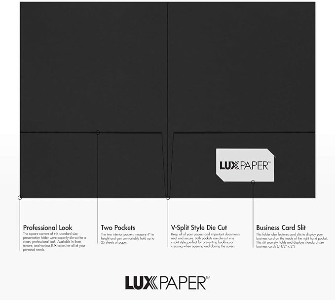 LUXPaper 9" x 12" Presentation Folders | Two Pocket | Midnight Black | 100lb. Cover | 25 Qty