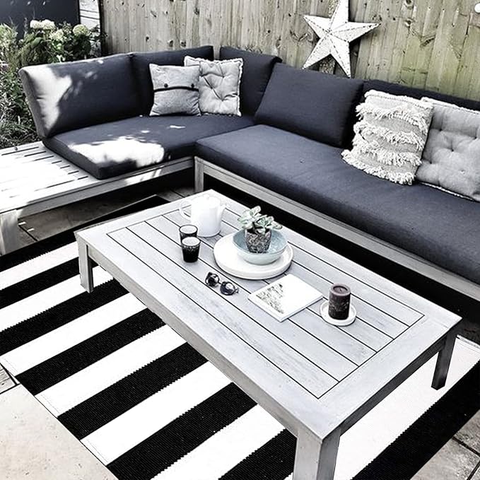 Black and White Area Rug 35.4 x 59 Inches Striped Front Door Mat Front Porch Rug Hand-Woven Machine Washable Indoor/Outdoor Layered Door Mats for Entryway/Bedroom/Outdoor