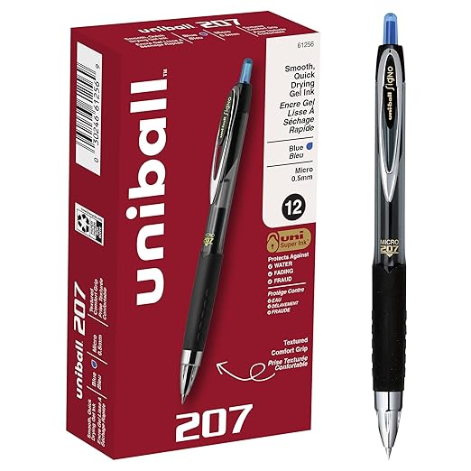 uni-ball 61256 207 Retractable Gel Pens, Micro Point (0.5mm), Blue, 12 Count