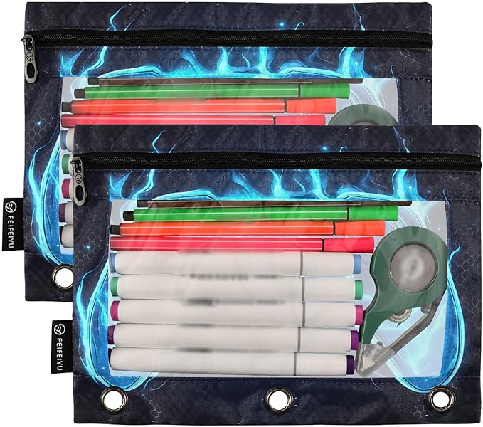 Joystick Gamepad Blue Flame Pencil Pouch for 3 Ring Binder, 2 Pack Waterproof Pencil Bags Clear Window Zipper School Office Supplies