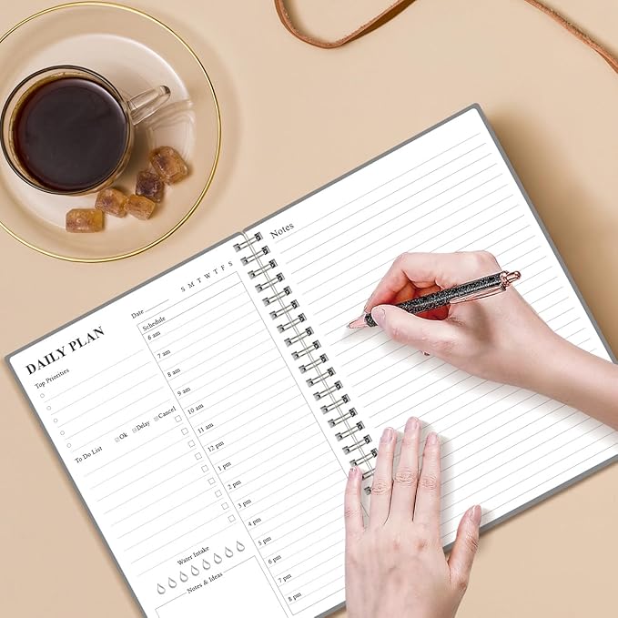 Daily Planner Undated - A5 To Do List Notebook Hourly Schedules, Spiral Appointment Planner for Women and Men, PVC Hardcover, Inner Pocket, Elastic Closure, 5.8" x 8.3", Grey
