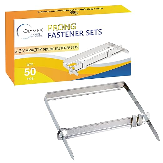 OLYMPX 50 Pcs of 3.5” Capacity Premium Metal Prong Paper Fastener Complete Set, 2.75 Inch Base with Standard 2-Hole Punch Compressor for Paper File Folder, 50 per Box