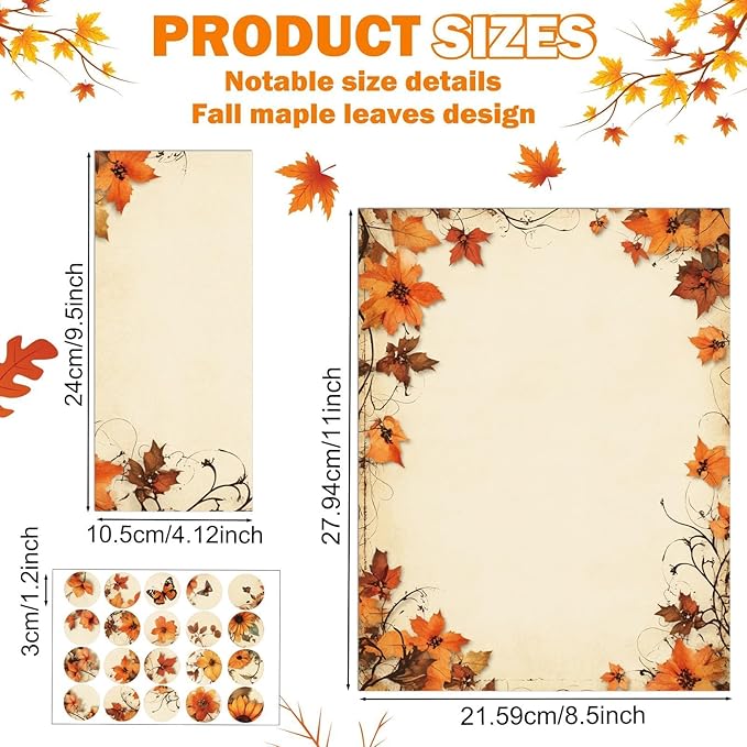 250Pcs Fall Thanksgiving Stationery Paper and Envelope Set with 100 Letterhead Papers and 50 Envelopes, 10 Design for Letter Writing Invitations Computer Holidays Party Notes, 8.5x11 Inch-Leaf
