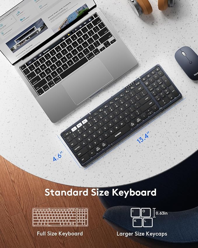 Foldable Keyboard and Mouse, Samsers Folding Bluetooth Keyboard Combo, 2.4G + BT5.0 x 2, Full-Size Portable Travel Keyboard & Rechargeable Wireless Mouse for Windows Android iOS Mac OS, Midnight
