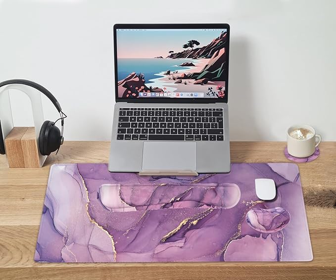 Large Mouse Pad and Keyboard Wrist Rest, Desk Pad for Keyboard and Mouse, 4-in-1 Large Gaming Mouse Pad with Wrist Support, Desk Mat for Home Office Study Game-Purple