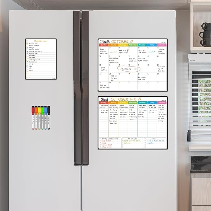 Magnetic Dry Erase Monthly Calendar Set - 14.5"x11" Monthly and Weekly Calendar, 6.5"x8.5" List Board for Fridge - 6 Extra Fine Point Markers Included - Shipped Flat