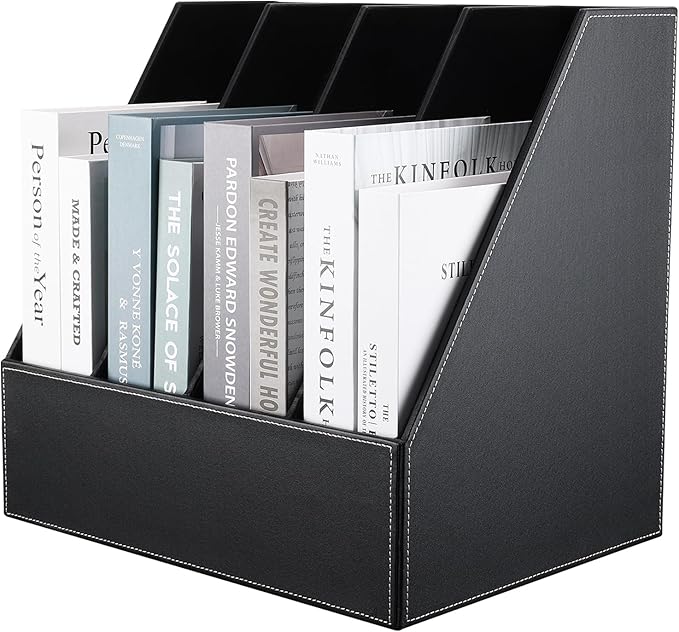 KINGFOM 4-Slot Wood Leather Document Files Holder Rack Stand Desk Files Organizer Papers Collection Cabinet (4 slot Black)