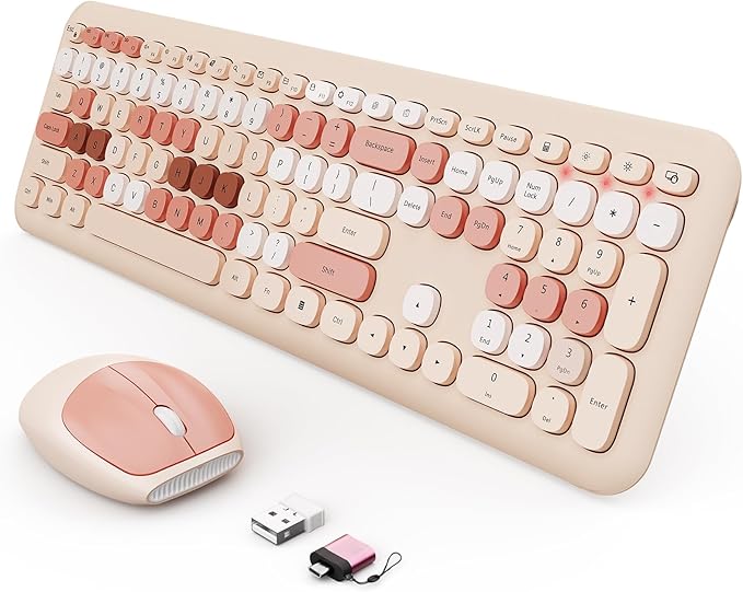 Wireless Keyboard and Mouse Combo, Colorful Ergonomic Full Size Retro Low-Noise Keyboard with Cute keycaps, Compatible with Windows, PC, Perfer for Home and Office Keyboards (Brown)