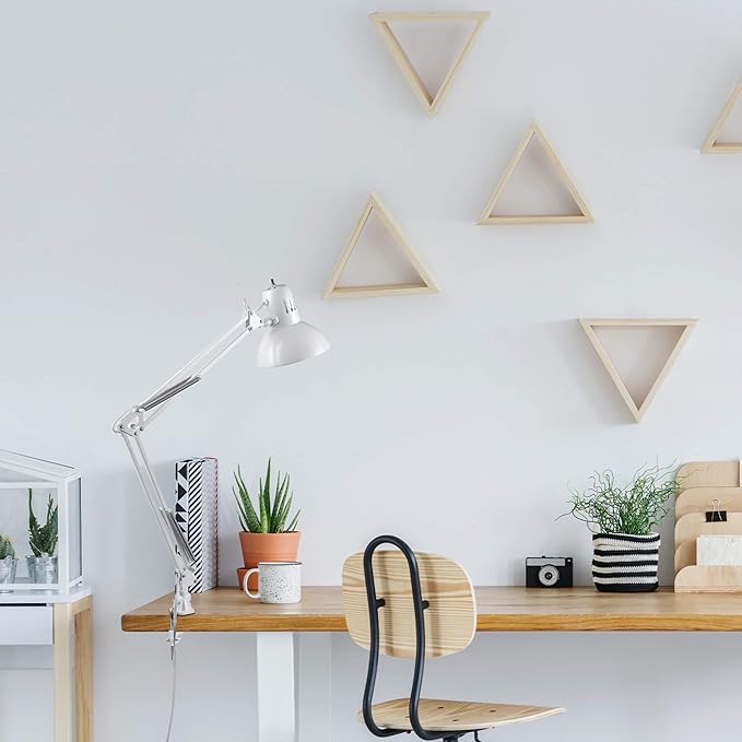 GLOBE Electric 52847 31.5 Inch Swing Arm Clamp-On White Desk Lamp with Nickel Accents, On/Off Rotary Switch, Book Reading Light, Home Essentials, Office Décor, LED Bulb Compatible