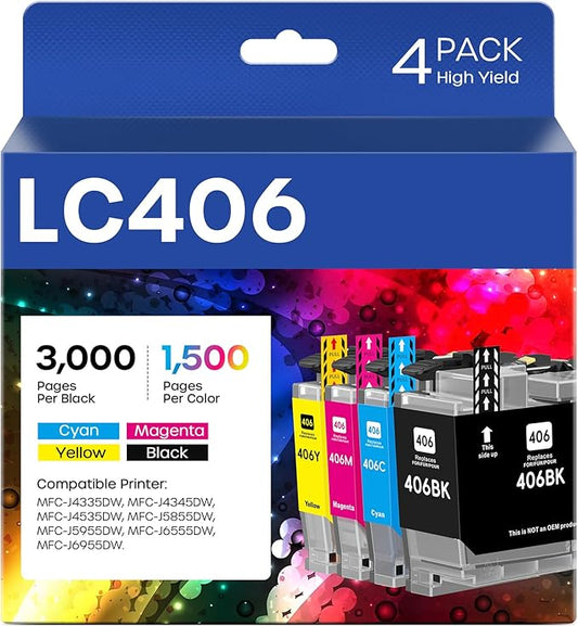 LC406 Ink Cartridges Compatible for Brother LC406 LC406XL LC 406 XL Work for Brother MFC-J4335DW MFC-J5855DW MFC-J4535DW MFC-J6555DW MFC-J6955DW Printer (4 Pack, Black, Cyan, Magenta, Yellow)