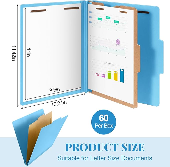 Skyygemm 60 Pcs Classification Folders Letter Size, 1 Divider Pressboard File Folder with Fasteners, Expanding File Organizer Bulk for Teachers, Clergy, Office, Church, Christmas Donations (Blue)