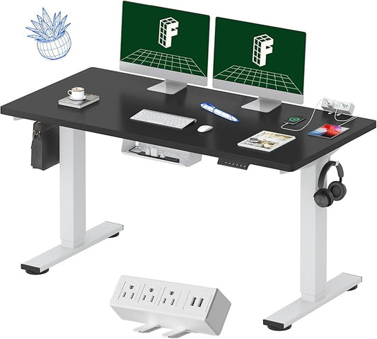 FLEXISPOT EN2 Whole-Piece Standing Desk with Clamp Power Strip, 55 x 28 Electric Stand Up Height Adjustable Desk with Cable Management (White Frame + 55" Black Desktop, 2 Packages)