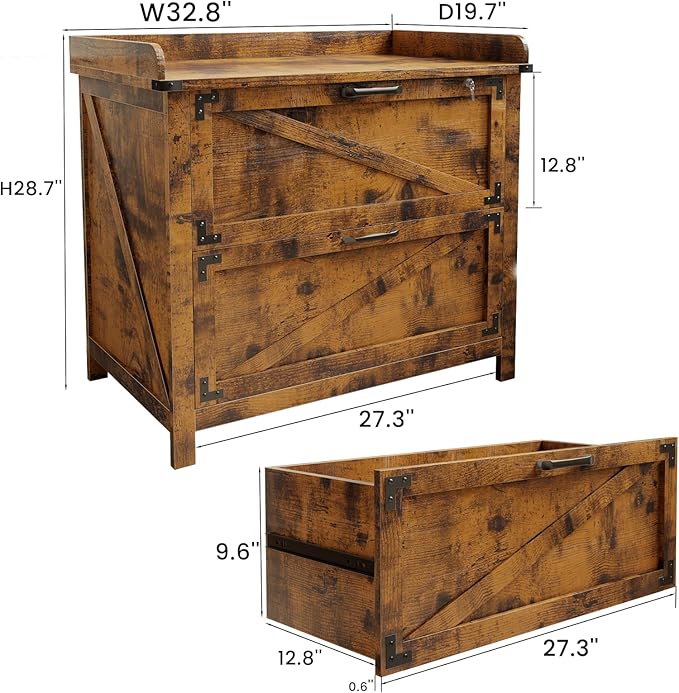 2 Drawer File Cabinet with Lock, Modern Farmhouse Filing Cabinet for Legal/Letter/A4 Size Hanging Files, Large Wood File Cabinets for Home Office