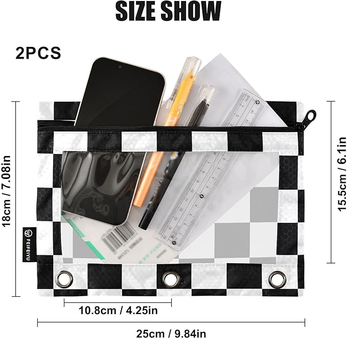 ALAZA Pencil Pouch for 3 Ring Binder, Black White Checkered Plaid Binder Pencil Pouches with Clear Window Zipper Pencil Case Cosmetic Bags for Office College Supplies, 2PCS