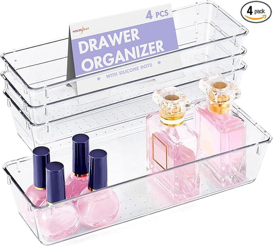 HOUSE DAY Desk Drawer Organizer Bins 4 PCS, 9*3*2" Clear Drawer Organizers with Silicone Pads, Vanity Organizers and Storage, Non Slip Plastic Drawer Organizer for Makeup, Bathroom, Kitchen, Office