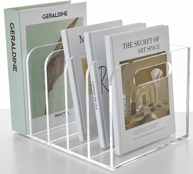 5 Vertical Compartments Clear Acrylic Desk Document Organizer & Storage Bins for Magazines, Binders, Notebooks, and Envelopes - Multipurpose Home Office Organizer - Innovative handle design