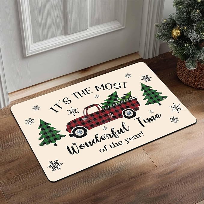 Merry Christmas Buffalo Plaid Truck Doormat Welcome Tree Mat Non Slip Holiday Xmas Front Door Mat for Entrance Indoor Home Bathroom Floor Decoration, 16" x 24" Inch