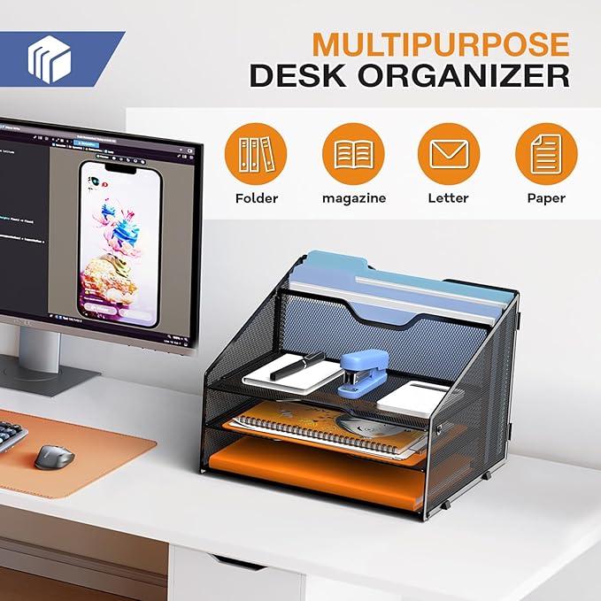 Letter Tray Organizer, Mesh Desk File Organizer with 3 Paper Trays and 2 Vertical Upright Section (Pink)