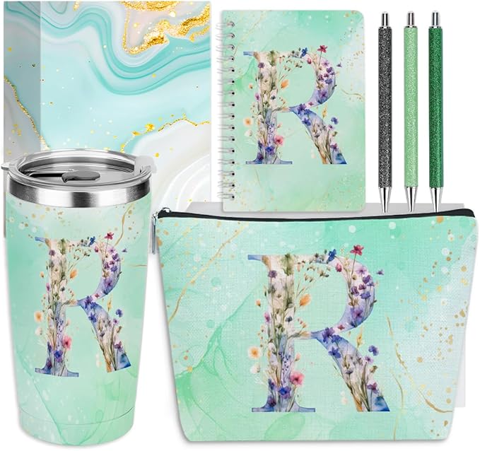 Personalized Gifts Monogrammed Birthday Gifts for Women, New Mom, Grandma Thank You Christmas, Initial 20 oz Tumbler, Makeup Cosmetic Bag Cup Pens Journal Notebook 6 Set, (Aesthetic Green Flower R)