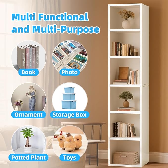 70.9" Wooden Bookshelf, 6-Tier Bookshelf with Open Storage, Corner Bookcase, Display Shelf for Bedroom and Living Room Offices, White