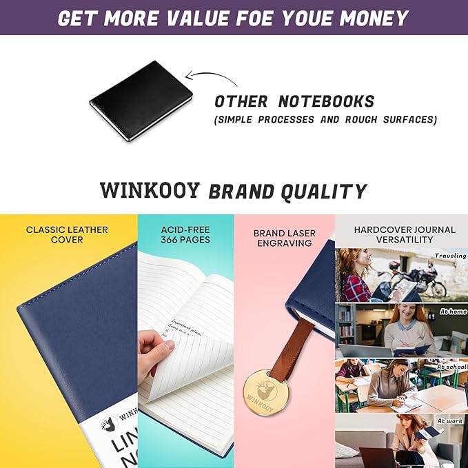 Lined Journal Notebook, 366 Pages, 100Gsm Leather Hardcover Journals for Writing Thick A5 College Ruled Classic Notebook with Pen Loop, Daily Journal for Women Men Travel Business Work Office