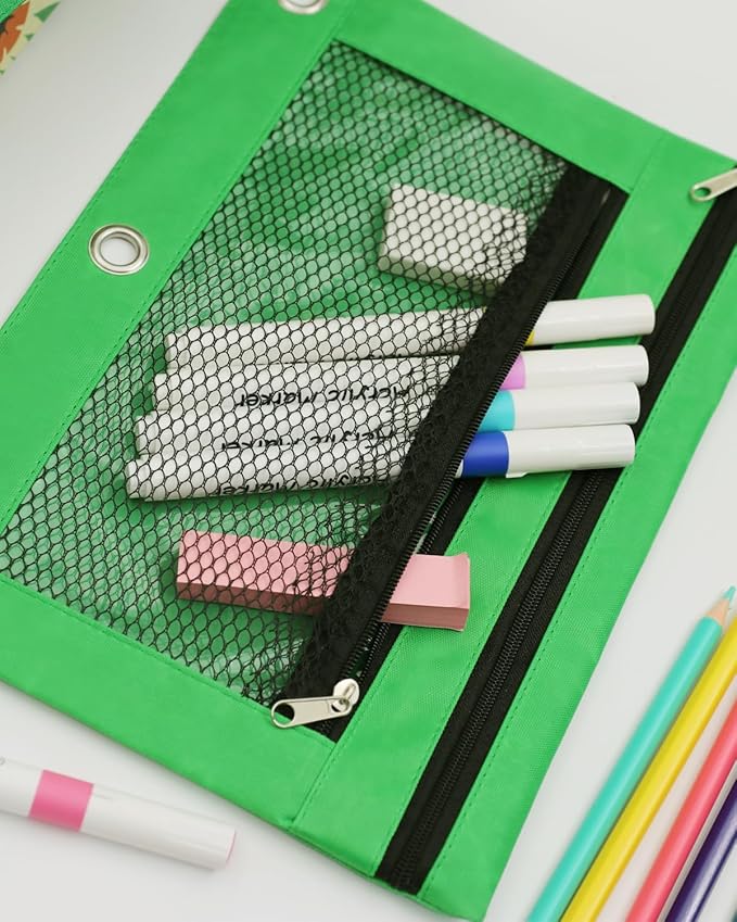 3 Ring Binder Pencil Pouch - School Pencil Case with 2 Zippered Pockets, Clear Mesh Window Pencil Bag, B5 Size, Back to School Gifts (Green)