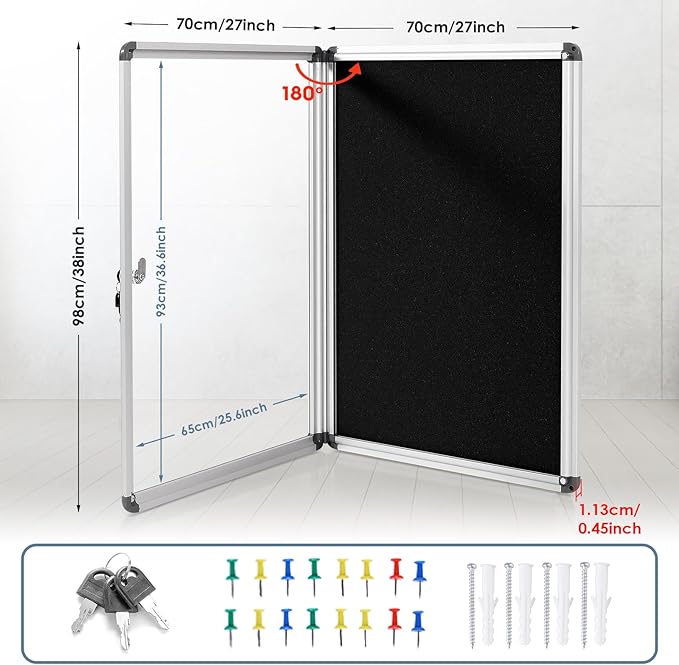 Enclosed Bulletin Board Lockable Display Case Message Board with Locking Door for Indoor, Black Felt, Silver Aluminum Frame, 38x28inches(9xA4)