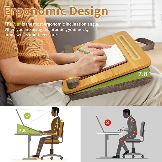 Portable Lap Desk for Laptop with Cushion, Storage Bag Fits Up to 15.6 Inch Laptop, Adults with Ipad/Phone & Pillow Holder for Home Office Bed Couch- Light Wood Color