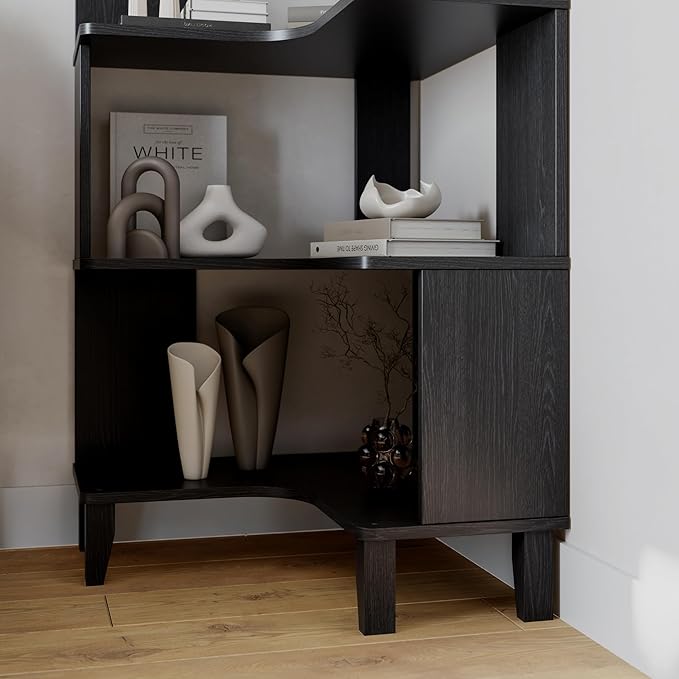 Prepac Nordik 6-Tier Black Modern Mid Century Corner Bookcase, 71.5" Extra Tall Black Corner Shelf with Storage, Multifunctional Freestanding Bookshelf for Home Office, Living Room, Dining Room