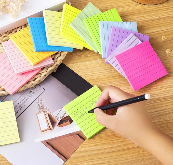 (72 Pads) Lined Sticky Notes 3x3 in Ruled Stickies Super Sticking Power Memo Pads Bright Colors