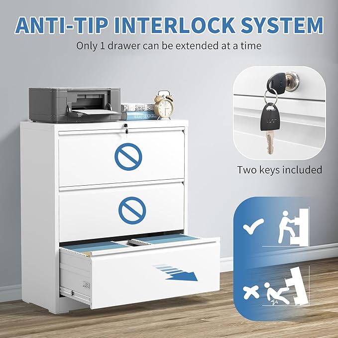 File Cabinets 3 Drawer,Metal Office Storage Filing Cabinet with Lock,White Lateral Filing Cabinet for Home Office,Horizontal Locking File Cabinets for Legal/Letter/A4,Assembly Require,White