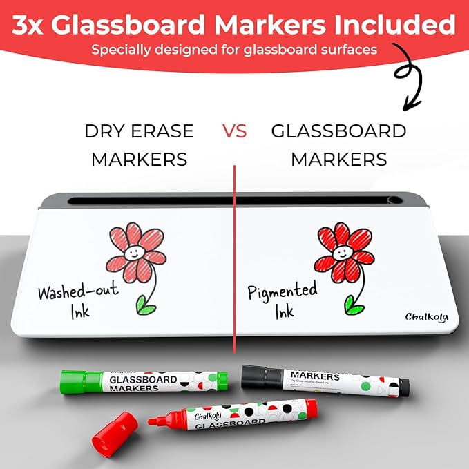 Chalkola Glass Desktop Whiteboard with Storage - Dry Erase Board, Work Desk Organizers, Computer Keyboard Stand, Home Office Desk Accessories, Small White Board, Workspace Desktop Buddy + 3 Markers