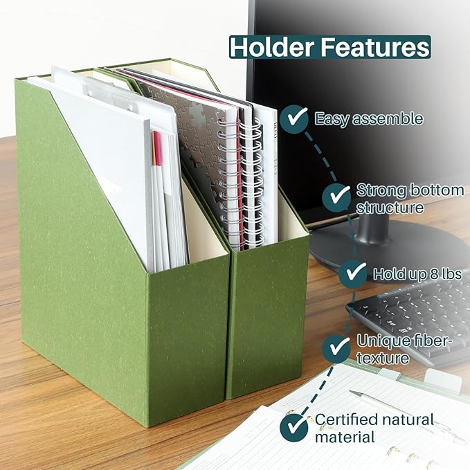 Magazine Holder - File Holder and Desk Organizer, Cardboard Book Organizer and Storage Box for Documents, Magazine Holder Rack for Office, Home and Classroom (Leaf Green, 6-Pack)