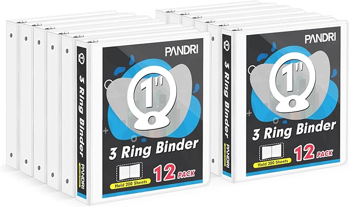 3 Ring Binder 1 Inch, PANDRI 12 Pack 1-Inch Binder Fits Letter Size 8.5'' x 11'' Paper, Versatile Binders for Office Home School, 2 Pockets, White