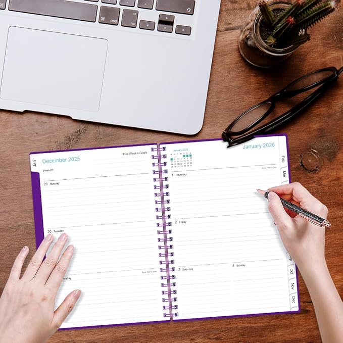 2026 Planner - Weekly and Monthly Calendar Planner from Jan 2026 - Dec 2026, Planner 2026 Spiral Bound with 12 Monthly Tabs, Inner Pocket, Perfect for School Office Supplies, 6.4" x 8.5", Purple-C