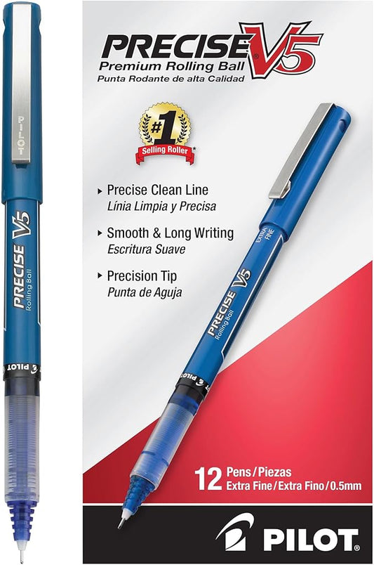 Pilot Precise V5 Rollerball Pens, Extra Fine Point 0.5 mm Blue Pen, Blue, Pack of 12