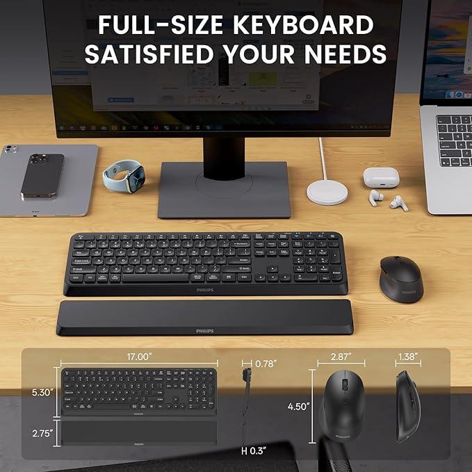 PHILIPS Bluetooth Keyboard and Mouse Combo - Bluetooth 2.4Ghz Wireless Keyboard and Mouse,Ergonomic Design with Palm Rest,3-Device Connectivity, 5 DPI Mouse, Long Battery for Office & Home -Black