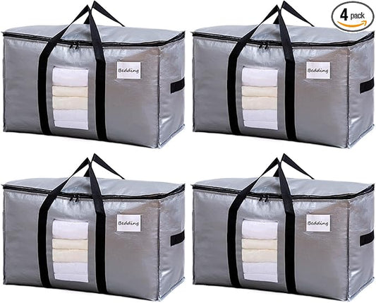TAILI Extra Large Moving Bags, 4 Pack Silver Heavy Duty Totes For Storage with Visible Window, Wrap Around Handles, Space Saving Storage Bags for Moving Supplies, Alternative to Moving Boxes
