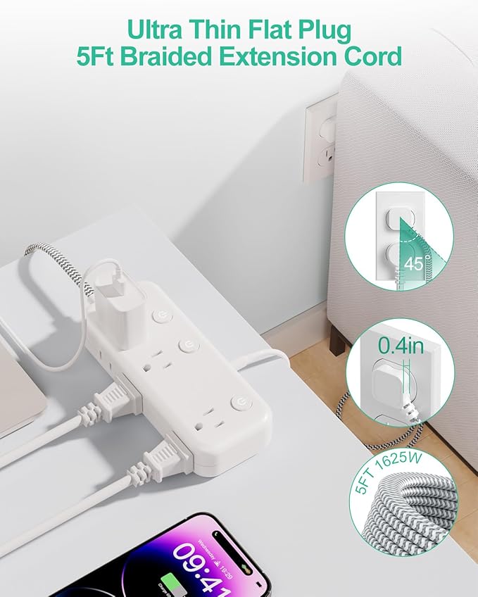 Individual Switch Power Strip Surge Protector with 6 Outlets 3 USB(17W USB C), 5Ft Braided Cord Ultra Thin Flat Plug, 13A Wall Mount Extension Cord with Circuit Breaker for Travel Home Office Dorm