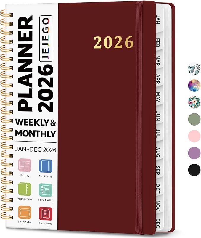 2026 Planner, Weekly and Monthly Calendar Planner Book, January 2026 - December 2026, Hardcover Spiral Planner with Monthly Tabs, Notes Pages, Perfect for Women & Men, A5 (6.4" x 8.5") - Burgundy