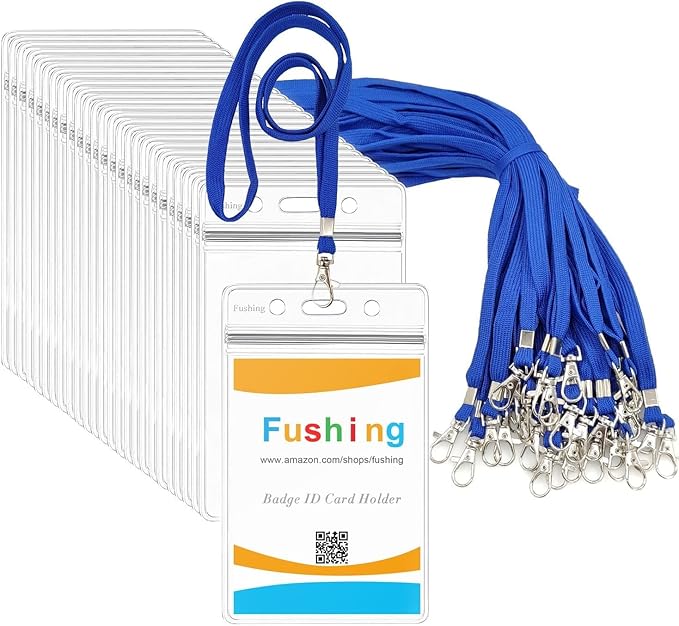 Fushing 50pcs Clear Plastic Vertical Name Tags Badge ID Card Holders and Blue Neck Lanyards with Swivel Hook for School, Festival, Event (S)